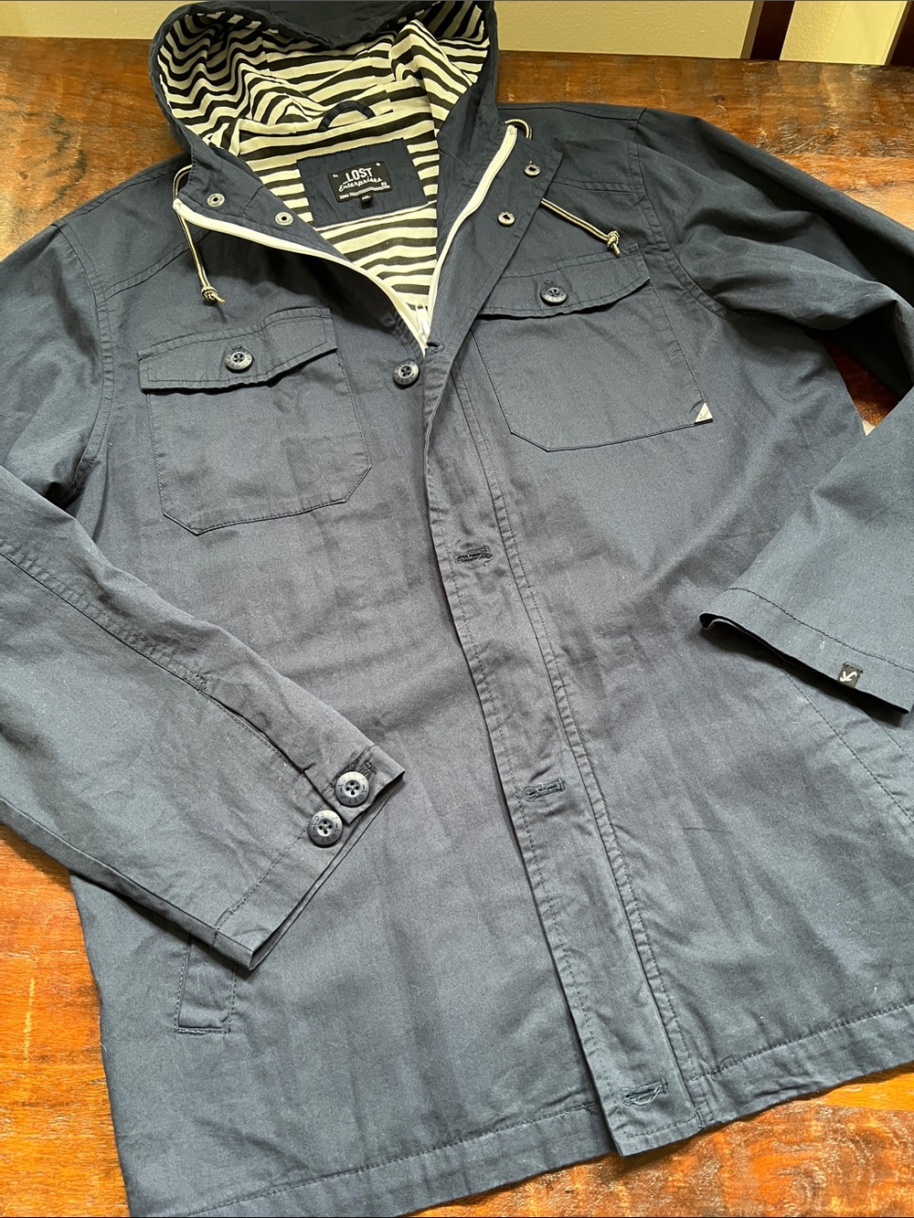 LOST ENTERPRISES Mens Navy Blue Hooded Utility Jacket Striped Lining Size XL - Picture 5 of 13